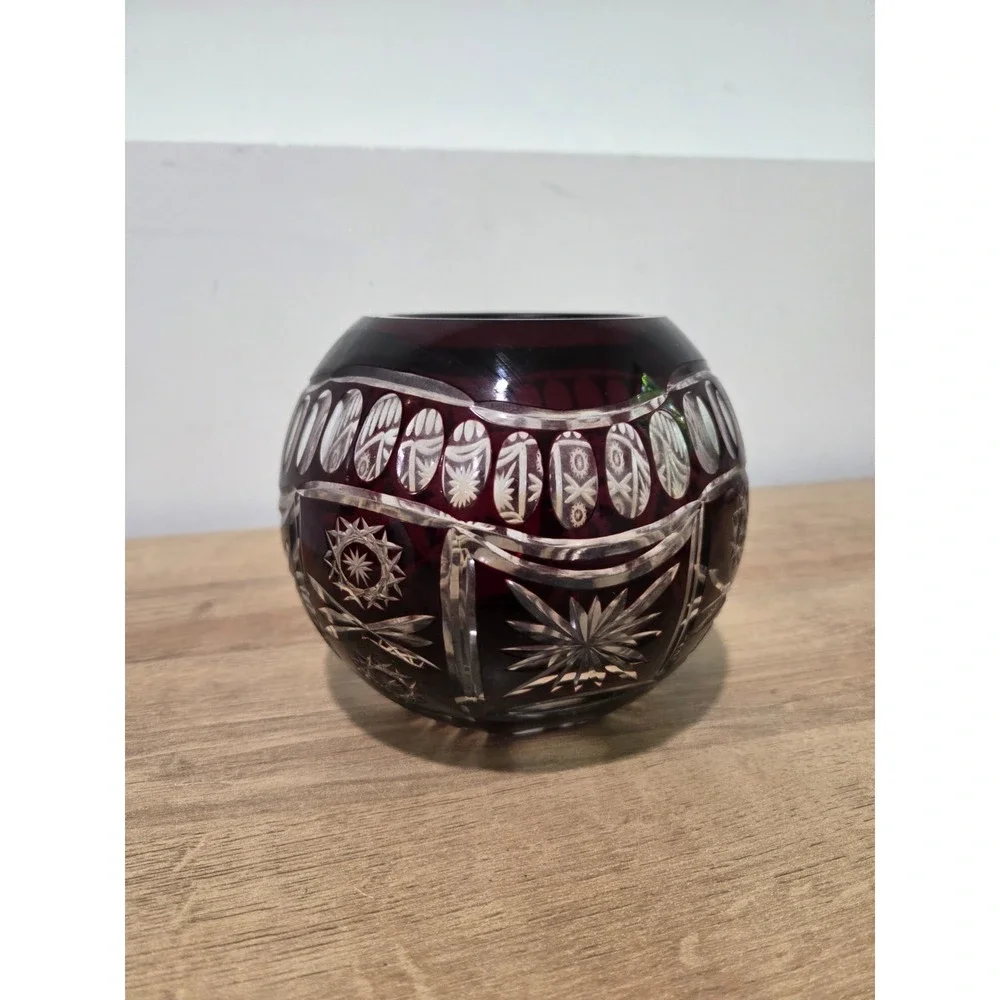 Vintage Bohemian Czech Crystal Cranberry Cut To Clear Bowl 5''